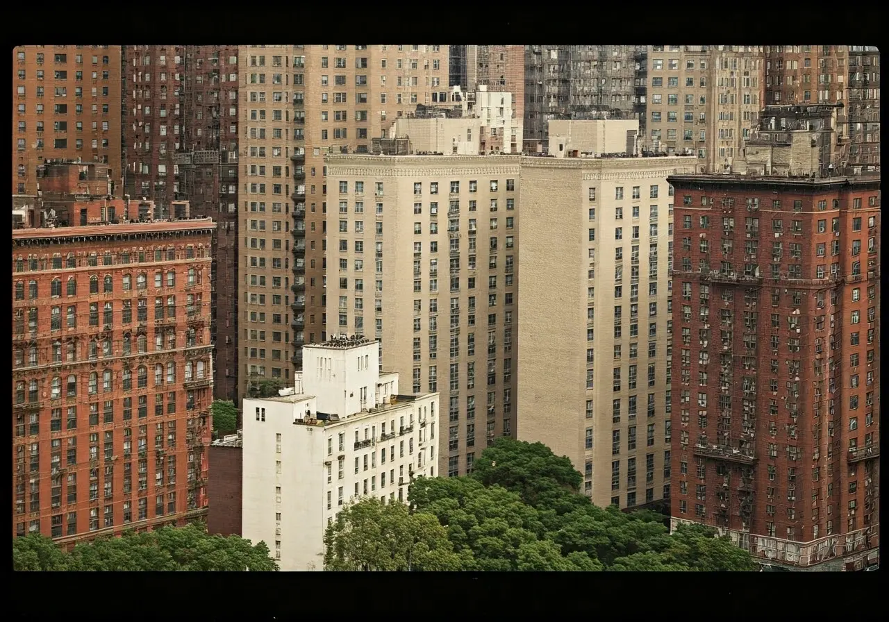 Aerial view of diverse New York City apartment buildings. 35mm stock photo