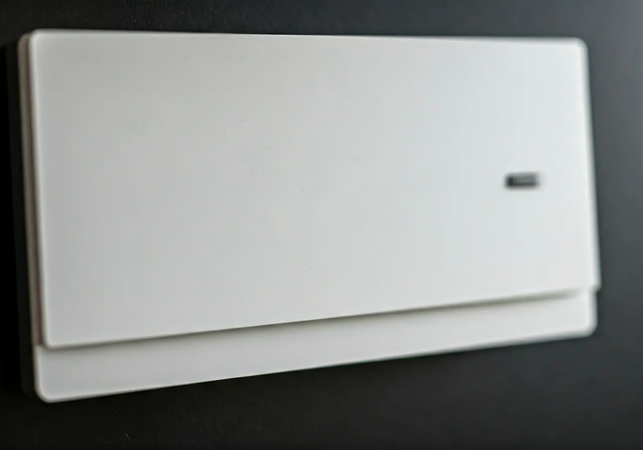 A sleek, modern office with a prominent security alarm panel. 35mm stock photo