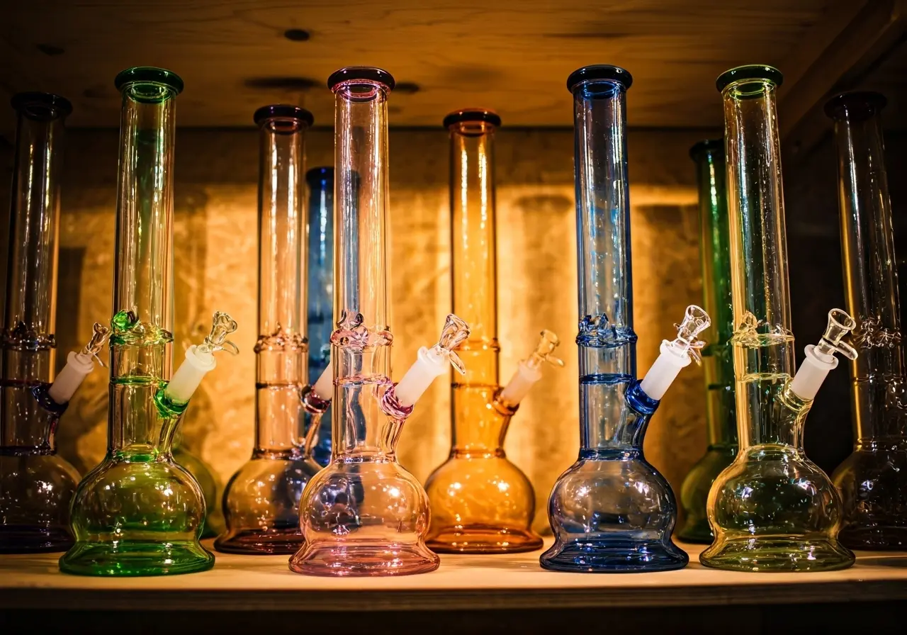 A variety of colorful glass bongs displayed on shelves. 35mm stock photo