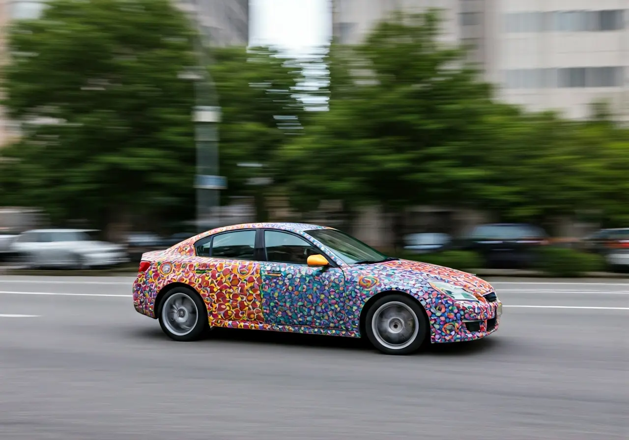A colorful, branded car driving through a busy city street. 35mm stock photo