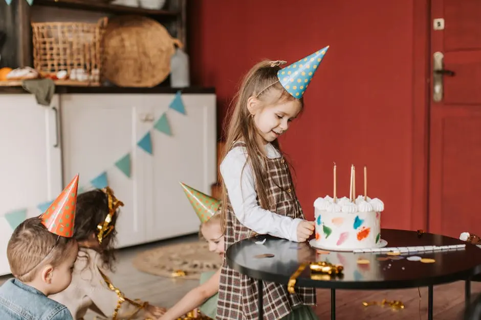 A cheerful indoor birthday party scene with children and a decorated cake, capturing joy and fun.