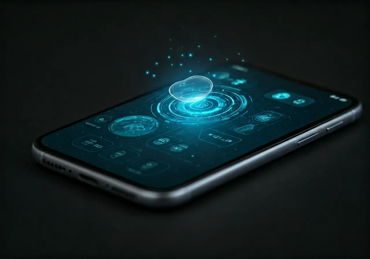 A smartphone displaying futuristic app interfaces and holographic features. 35mm stock photo