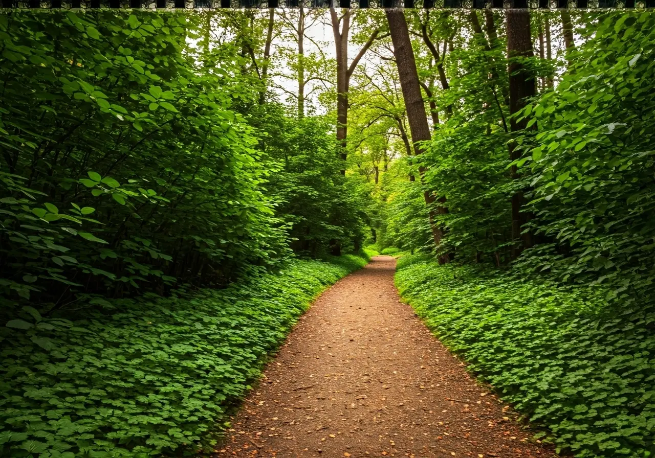 A serene nature trail surrounded by lush greenery. 35mm stock photo