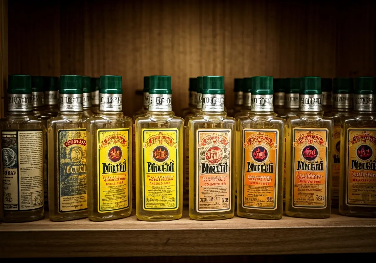 Assorted bottles of lighter fluid neatly arranged on display shelves. 35mm stock photo