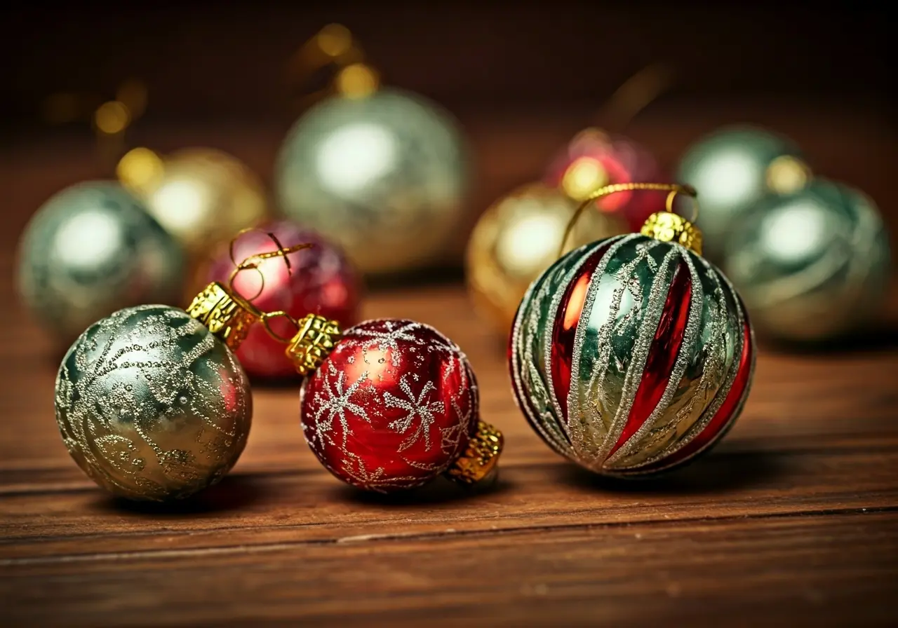 A close-up of diverse, beautifully crafted Christmas ornaments. 35mm stock photo