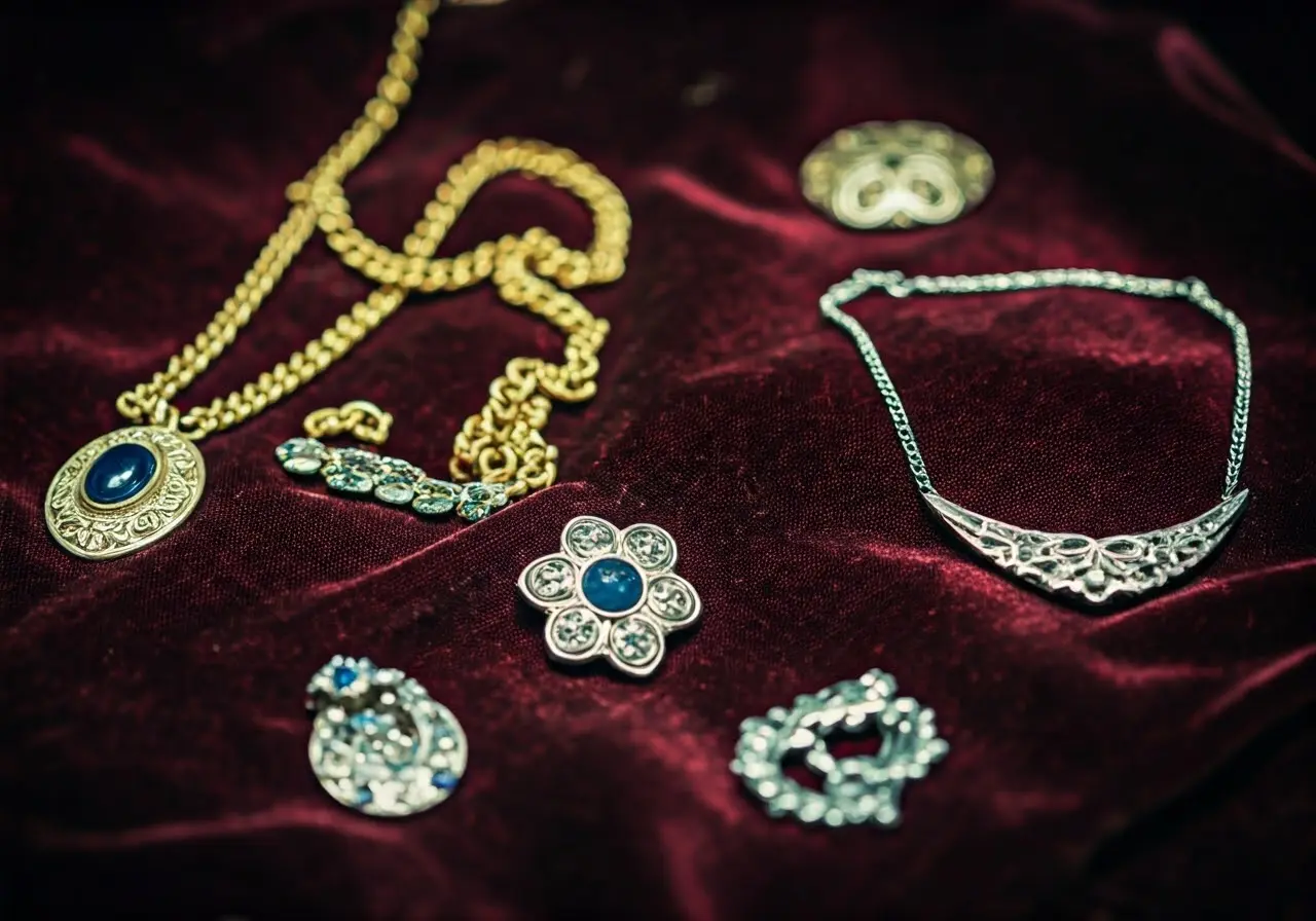 A close-up of vintage jewelry displayed on a velvet cloth. 35mm stock photo