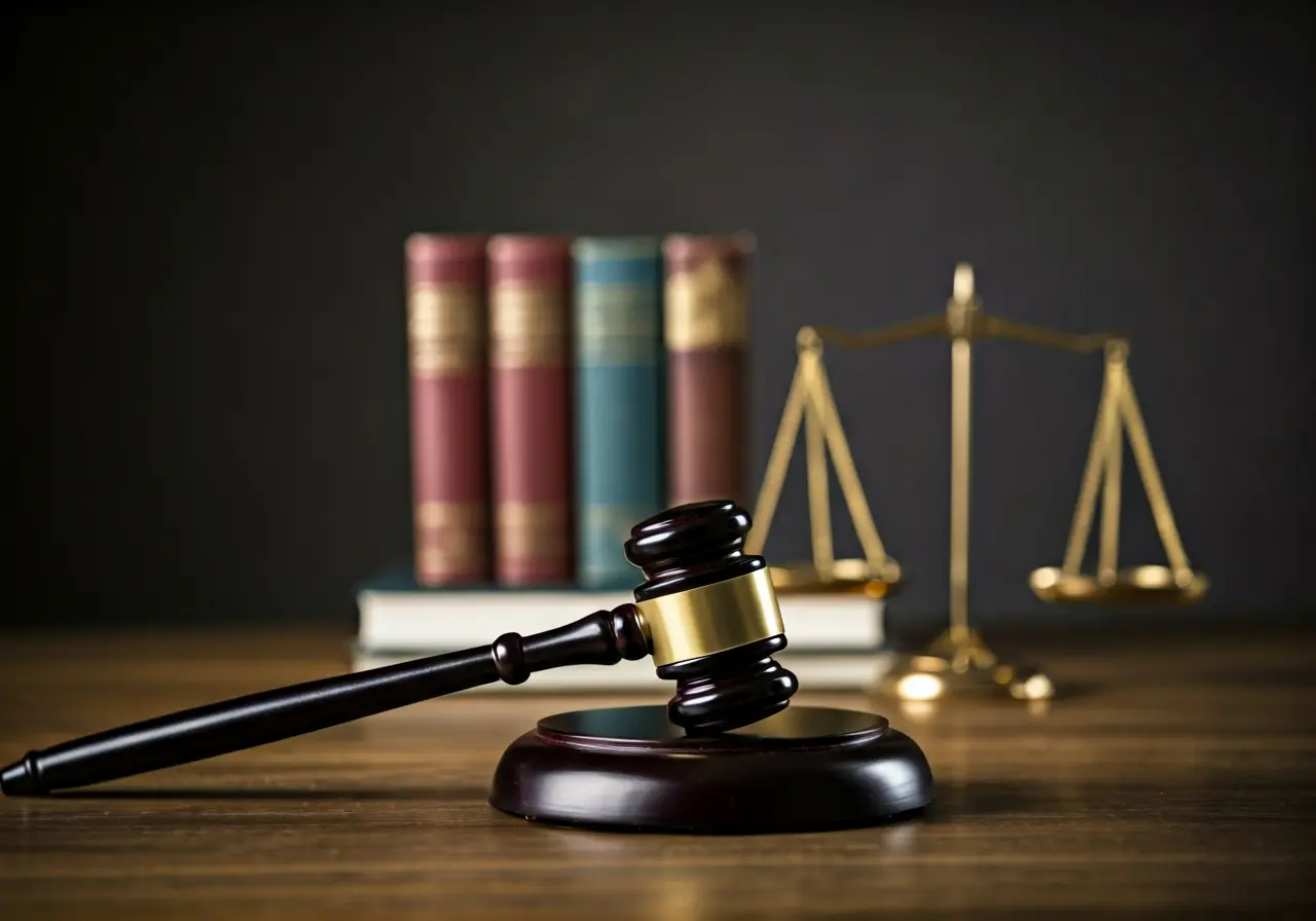 A gavel and scales in a Santa Monica law office. 35mm stock photo