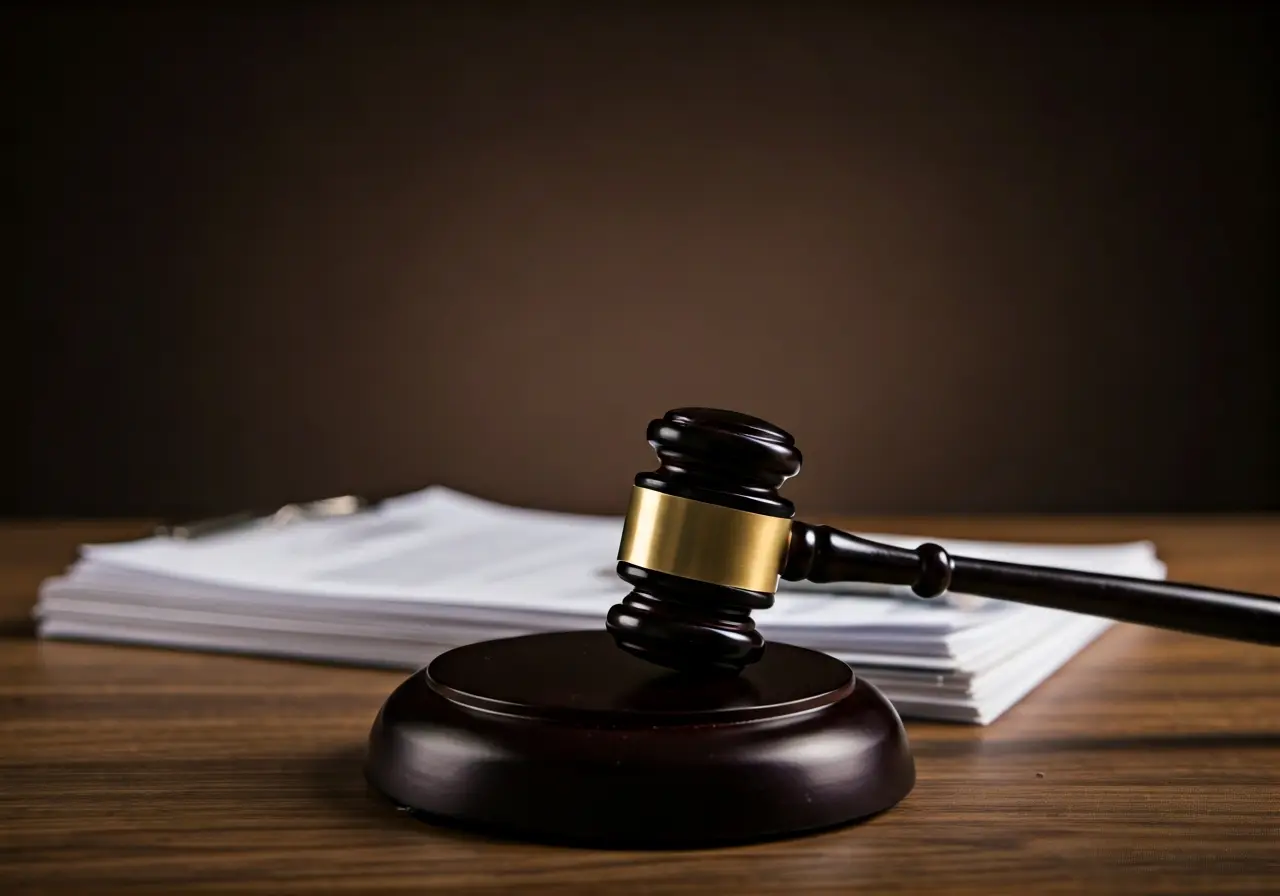 A gavel resting on a stack of legal documents. 35mm stock photo