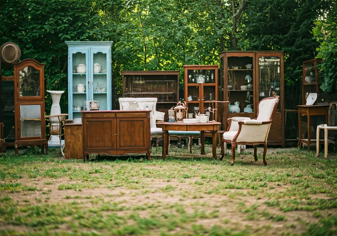 A yard filled with vintage furniture and decorative items. 35mm stock photo