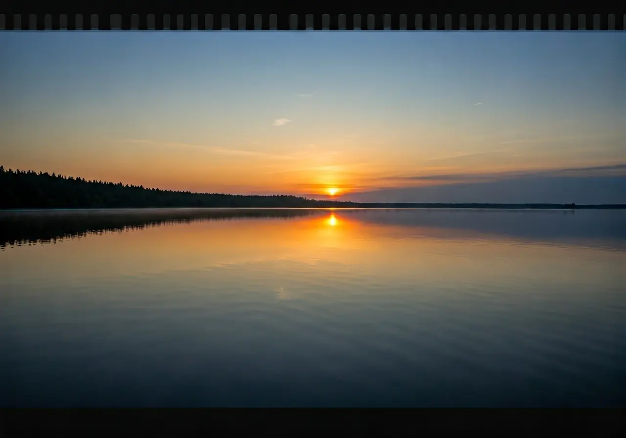 A serene sunrise over a calm, reflective lake surface. 35mm stock photo