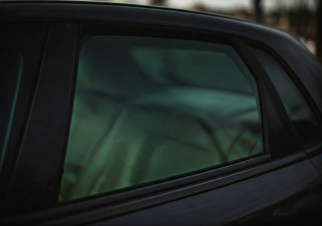 A close-up of a car window with tinted glass. 35mm stock photo