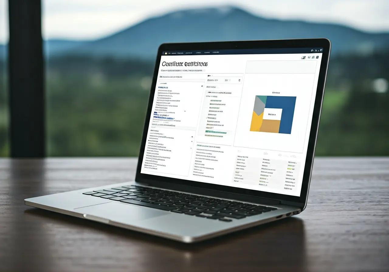 A laptop displaying compliance regulations with a Pacific Northwest backdrop. 35mm stock photo