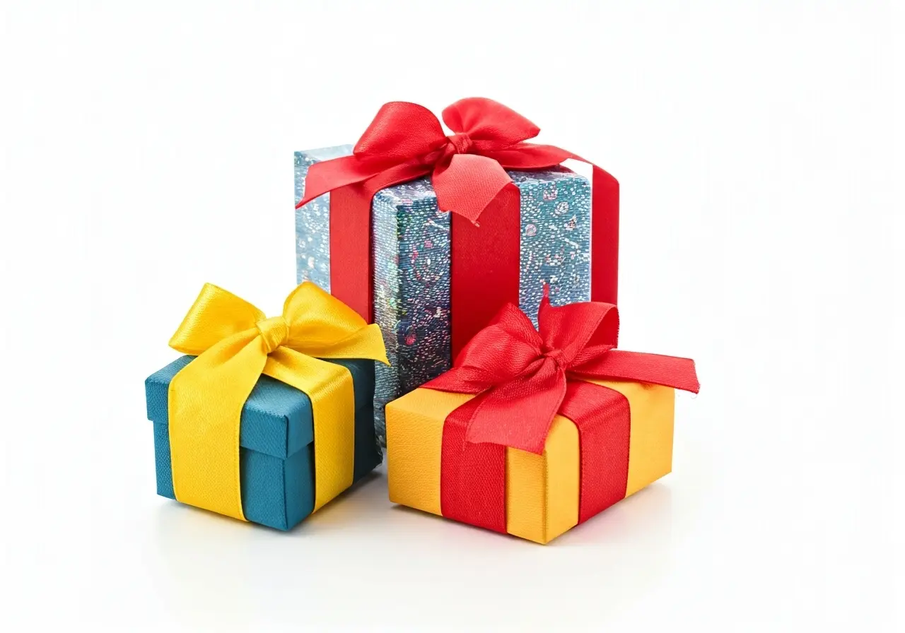 Colorful gift boxes with ribbons on a white background. 35mm stock photo