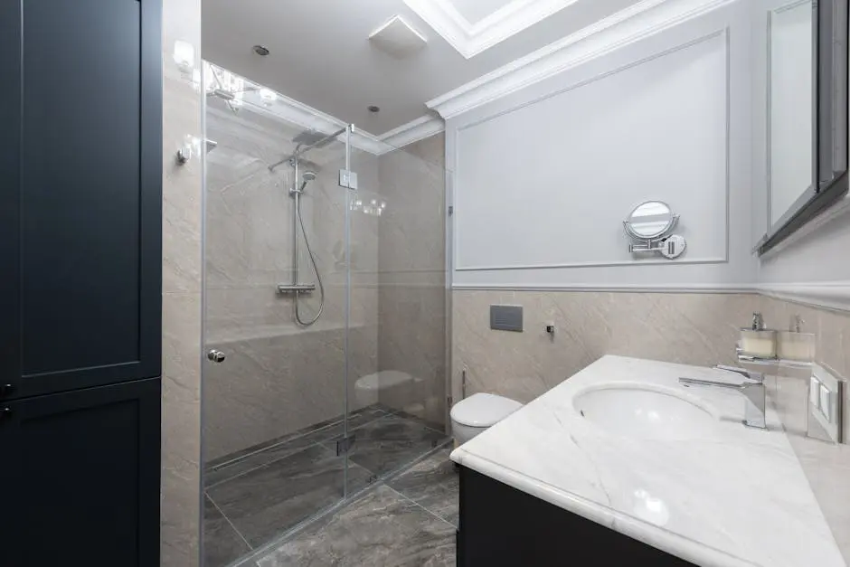 Spacious and elegant bathroom with sleek design and modern amenities.