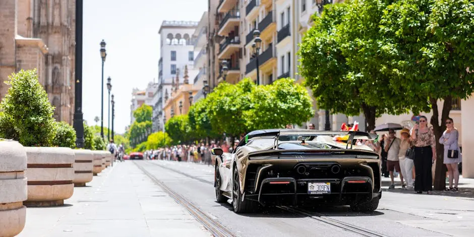 A sleek sports car driving on a vibrant European street lined with trees and historic buildings.