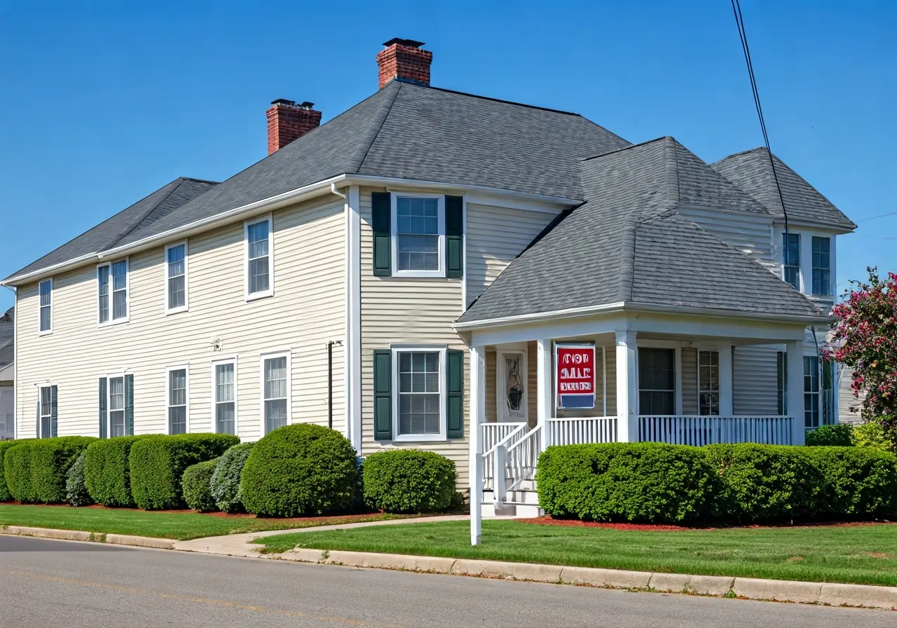 A charming Maryland house with a For Sale sign. 35mm stock photo