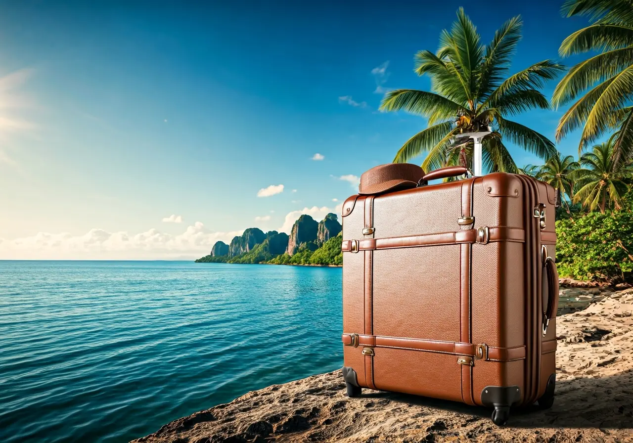 A luxurious suitcase surrounded by tropical paradise landscapes. 35mm stock photo