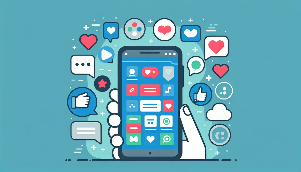 Draw a graphic in flat design style. A smartphone displaying app icons with user interaction symbols like thumbs up, hearts, and chat bubbles in a clean and minimalist Flat Design Style.