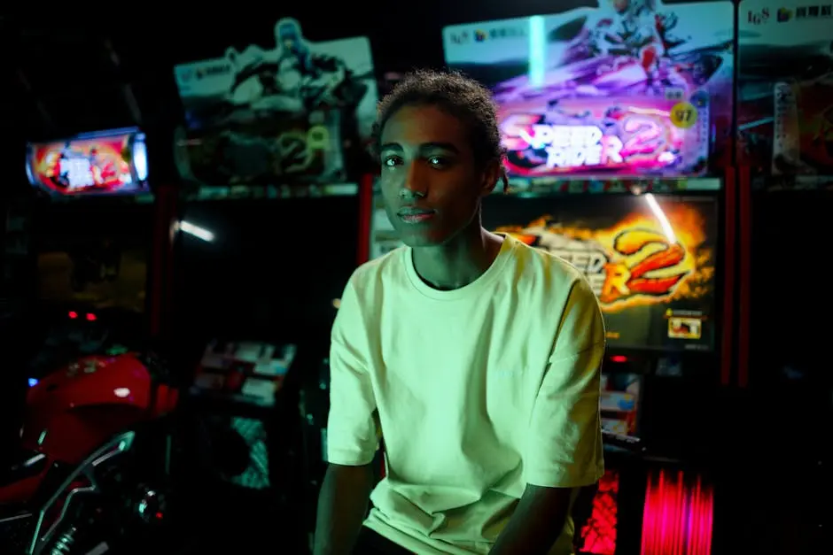 A young man sits casually in a neon-lit arcade, ready for fun and gaming excitement.