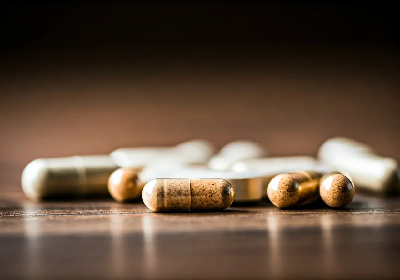 A close-up of assorted supplement pills on a table. 35mm stock photo