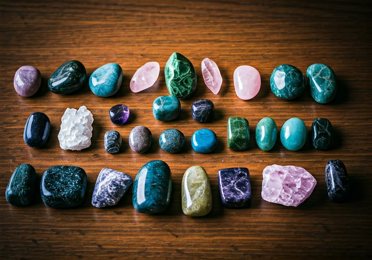 A variety of colorful crystals displayed on a wooden table. 35mm stock photo