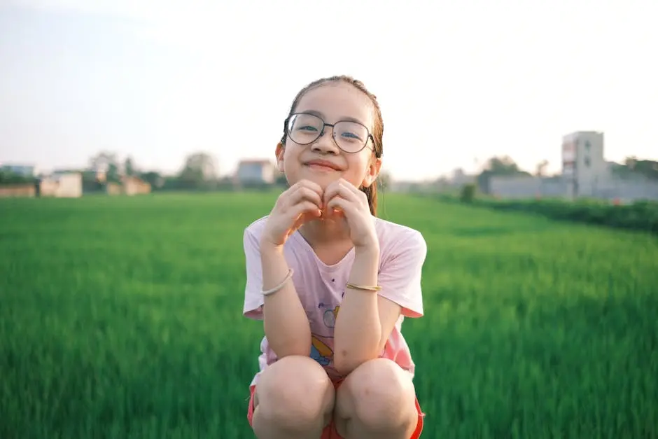Smiling young girl with glasses in lush green field during sunset, exuding happiness.