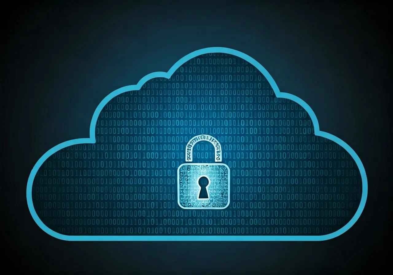 A secure digital cloud with a lock and binary code. 35mm stock photo