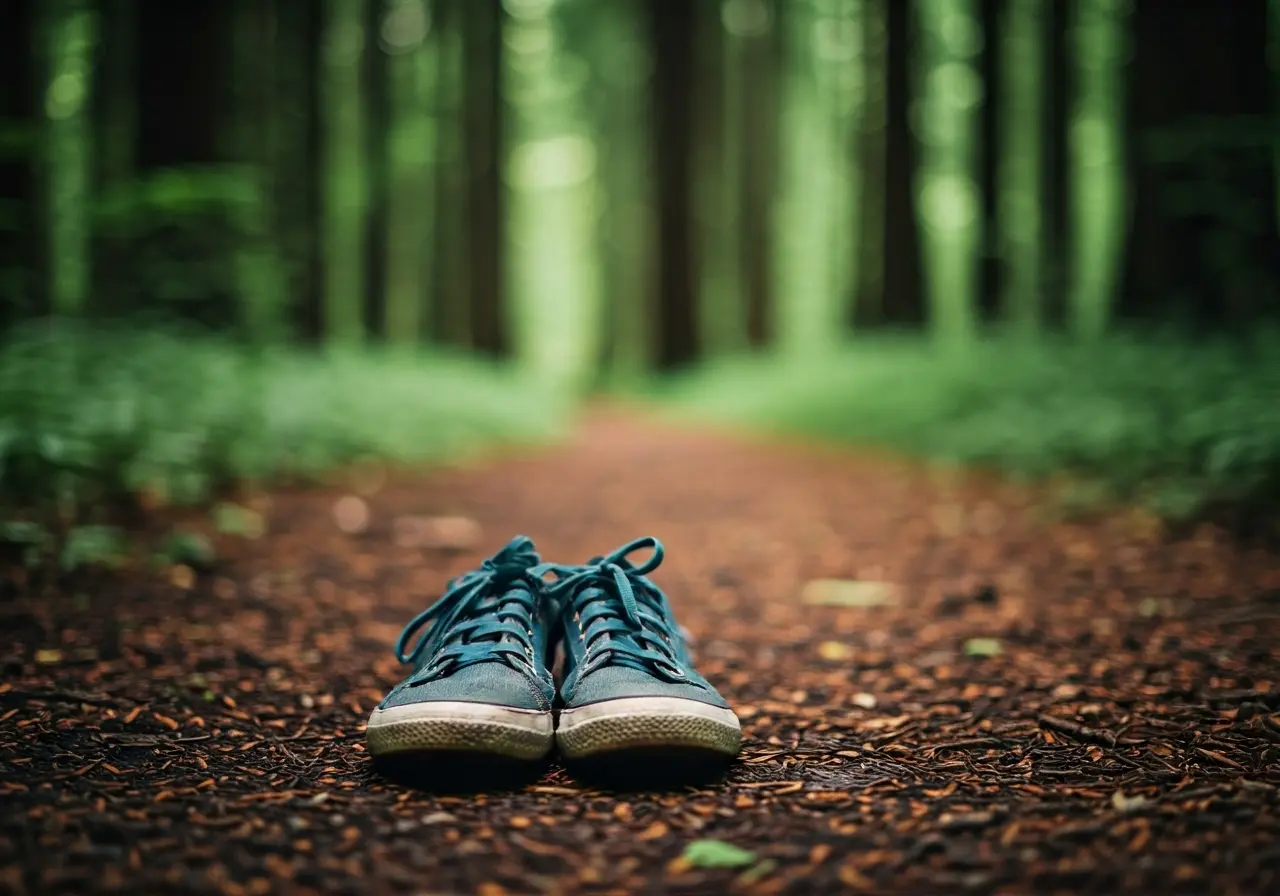 A close-up of barefoot sneakers on a lush forest trail. 35mm stock photo