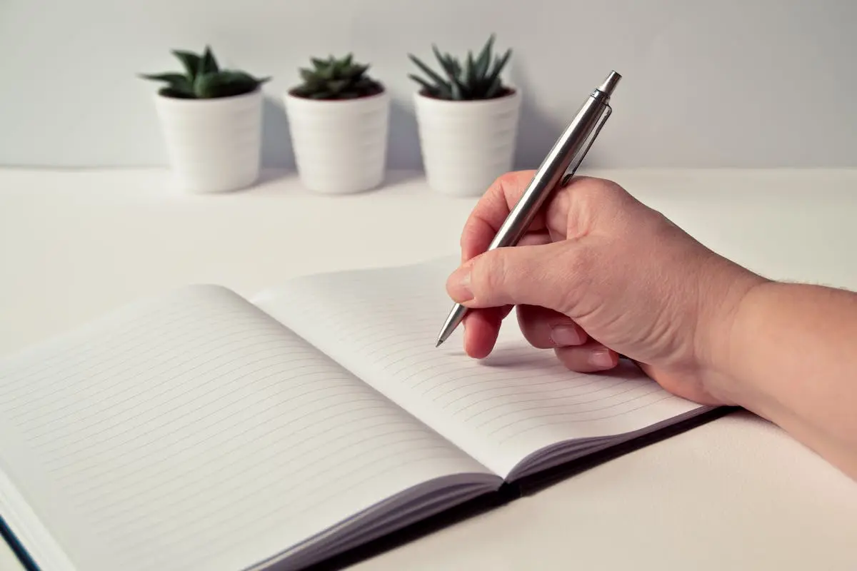Handwriting in a lined notebook placed on a table with succulent plants in the background.