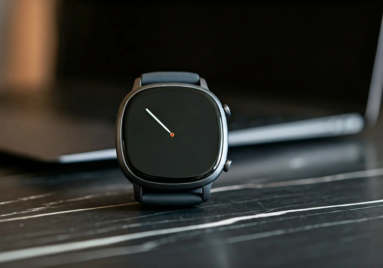 A sleek smartwatch on a marble countertop beside a laptop. 35mm stock photo