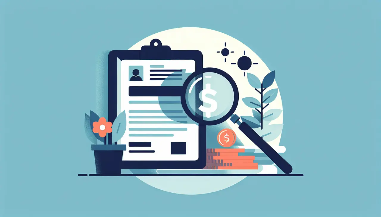 Draw a graphic in flat design style. A flat design illustration of a UK startup office with a magnifying glass focusing on a contract labeled Debt Recovery Services, symbolizing clarity and understanding.
