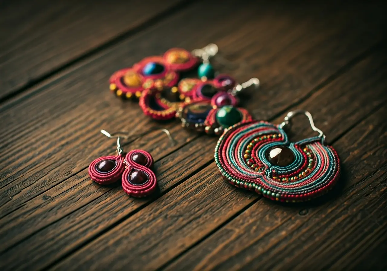 A close-up of colorful, handmade earrings on a wooden table. 35mm stock photo
