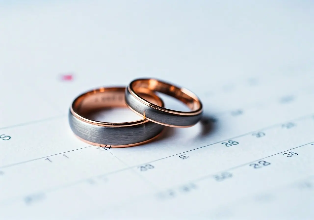 Two wedding rings on a calendar marked with hearts. 35mm stock photo