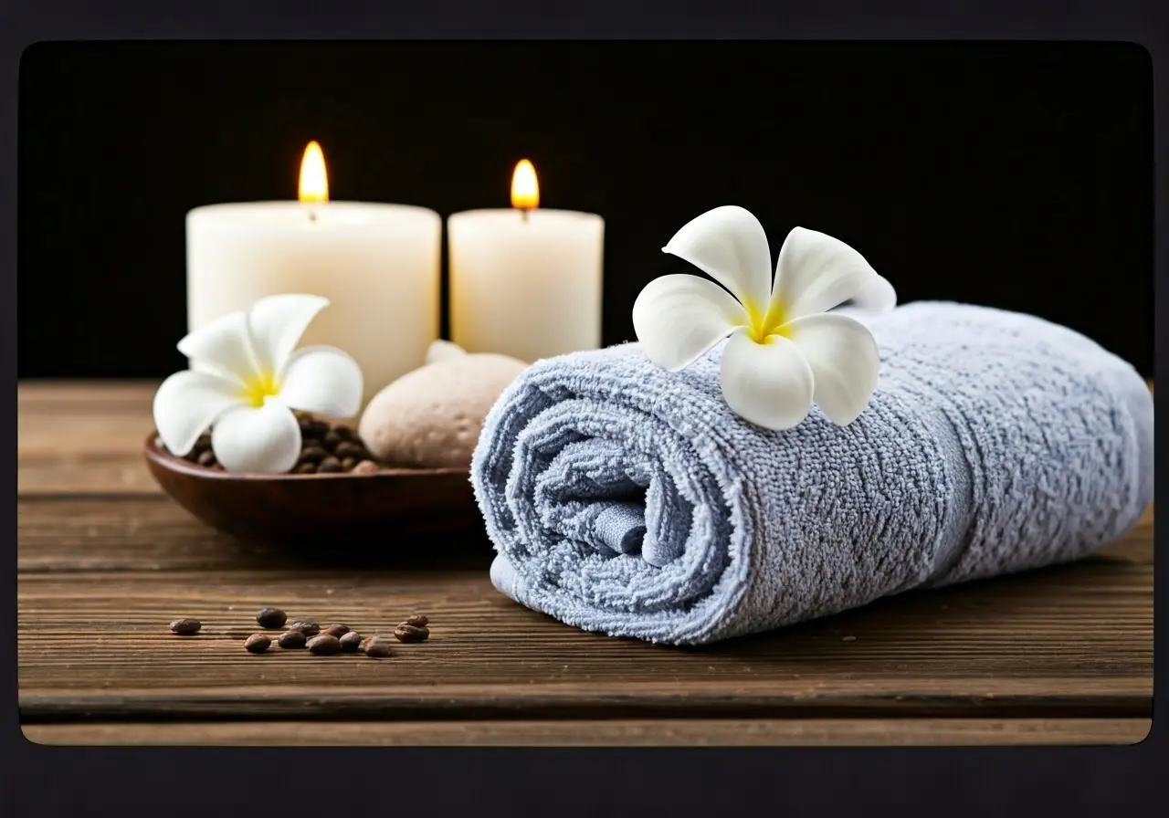 A serene spa setting with soft towels and flowers. 35mm stock photo