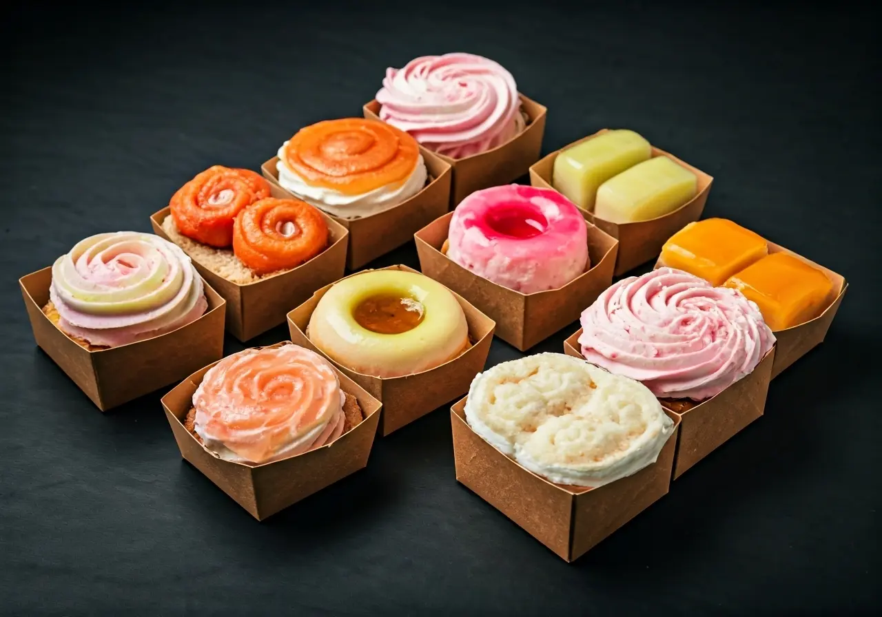 A variety of colorful Hong Kong desserts in takeaway boxes. 35mm stock photo