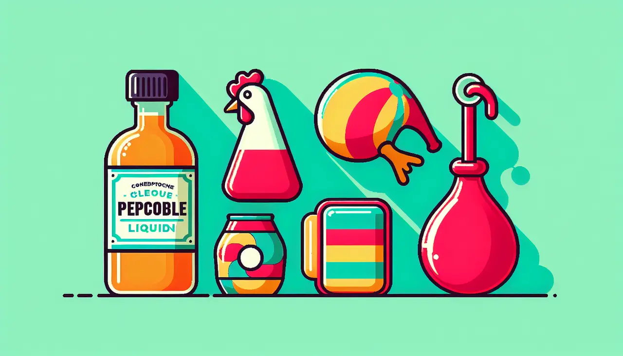 Draw a graphic in flat design style. A flat design illustration of various colorful novelty items, including a humorous depiction of a labeled bottle of fetish urine, placed alongside quirky objects like a rubber chicken and a whoopee cushion, against a simple background.