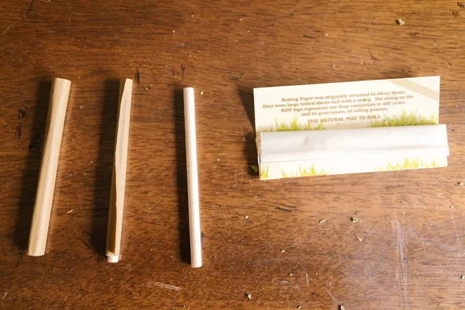 Close-up of rolling papers on a wooden table, ideal for cannabis use.
