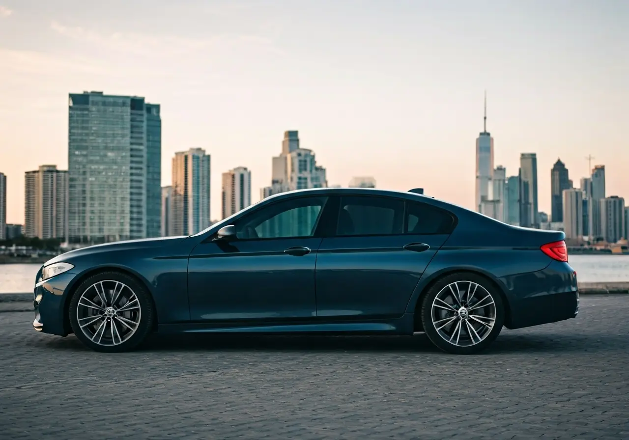 A sleek car with tinted windows parked in a cityscape. 35mm stock photo