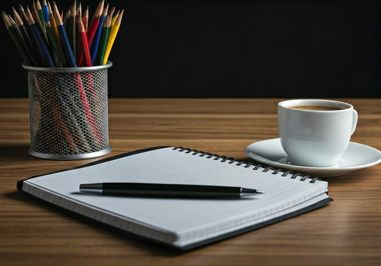 A desk with a notebook, pen, and a cup of coffee. 35mm stock photo