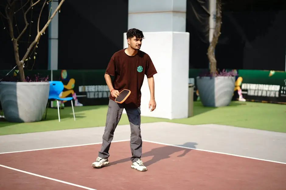 A young man actively engaged in a game of pickleball on an outdoor court.