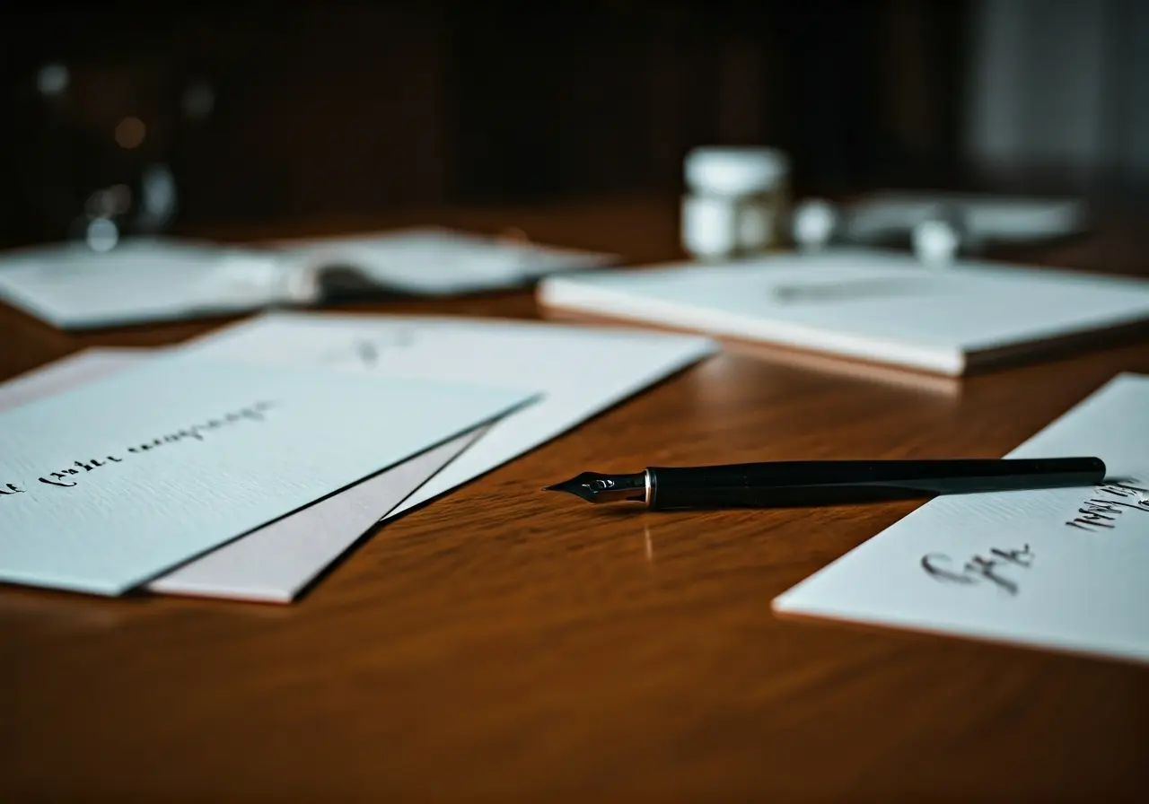 A desk with elegant personalized stationery and a calligraphy pen. 35mm stock photo