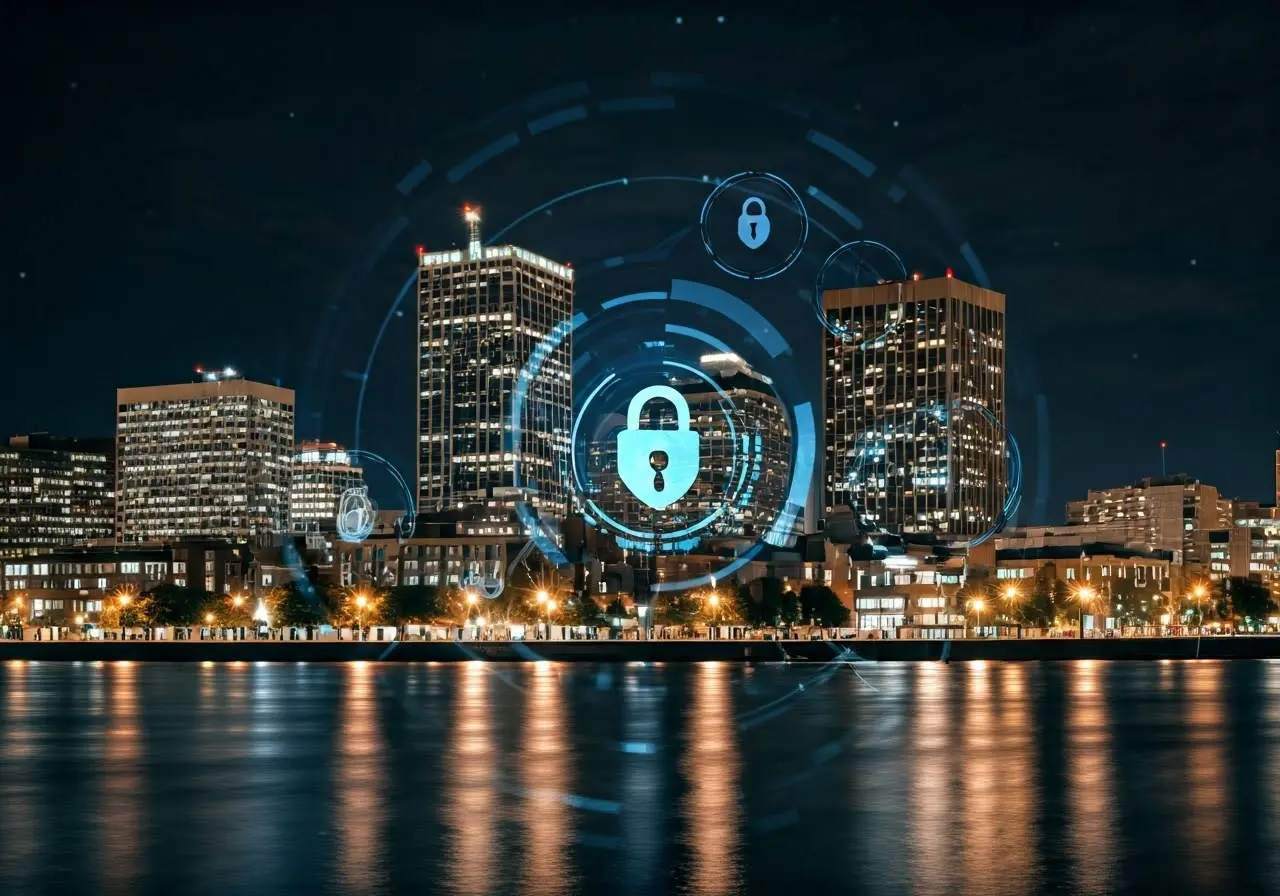 A night cityscape of Spokane with digital security symbols overlay. 35mm stock photo