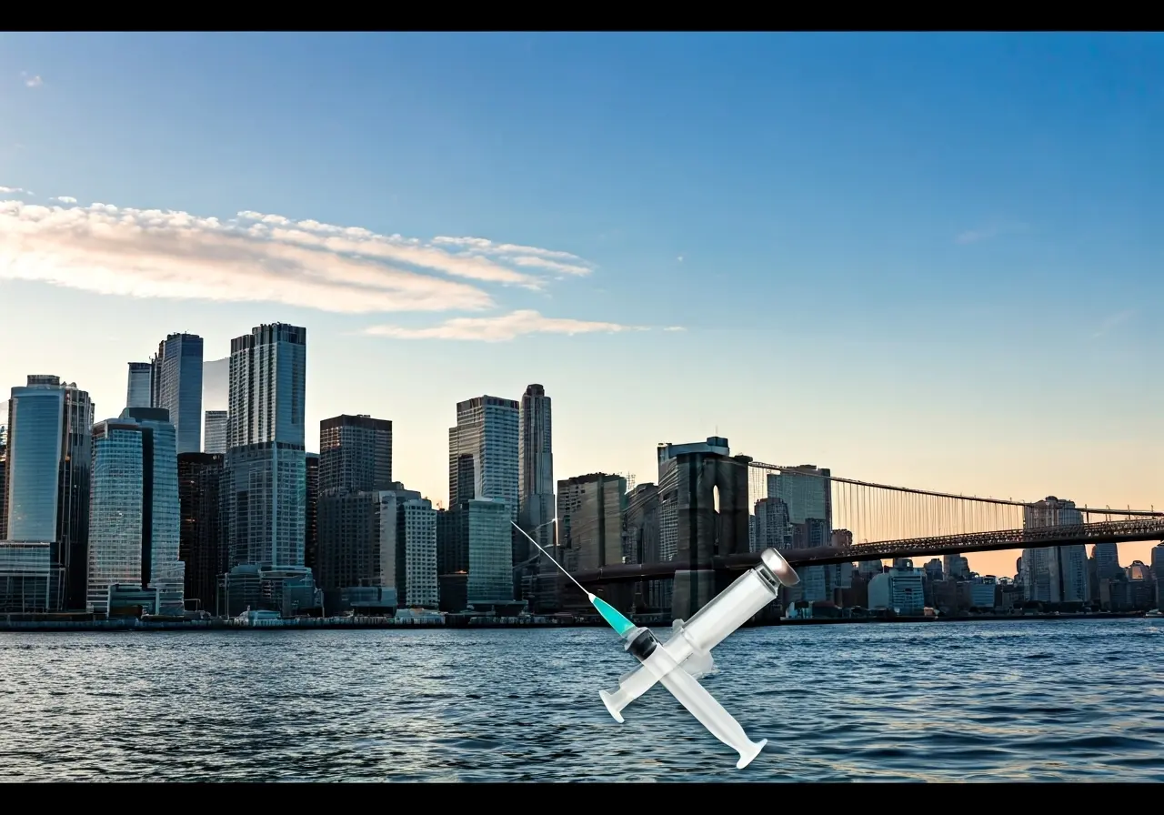 A syringe and vial against a Brooklyn skyline background. 35mm stock photo