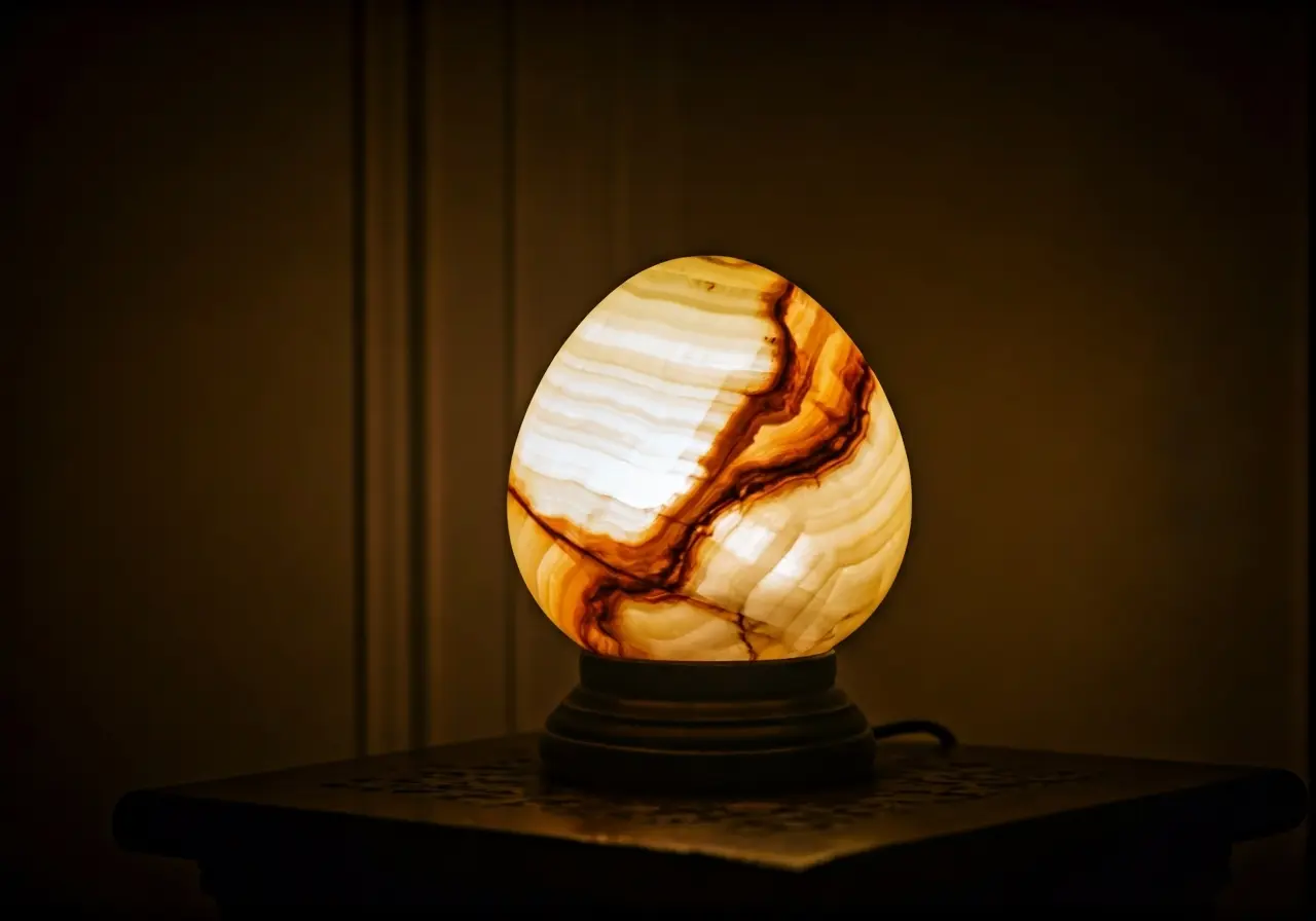 A softly lit onyx lamp glowing in a dimly lit room. 35mm stock photo