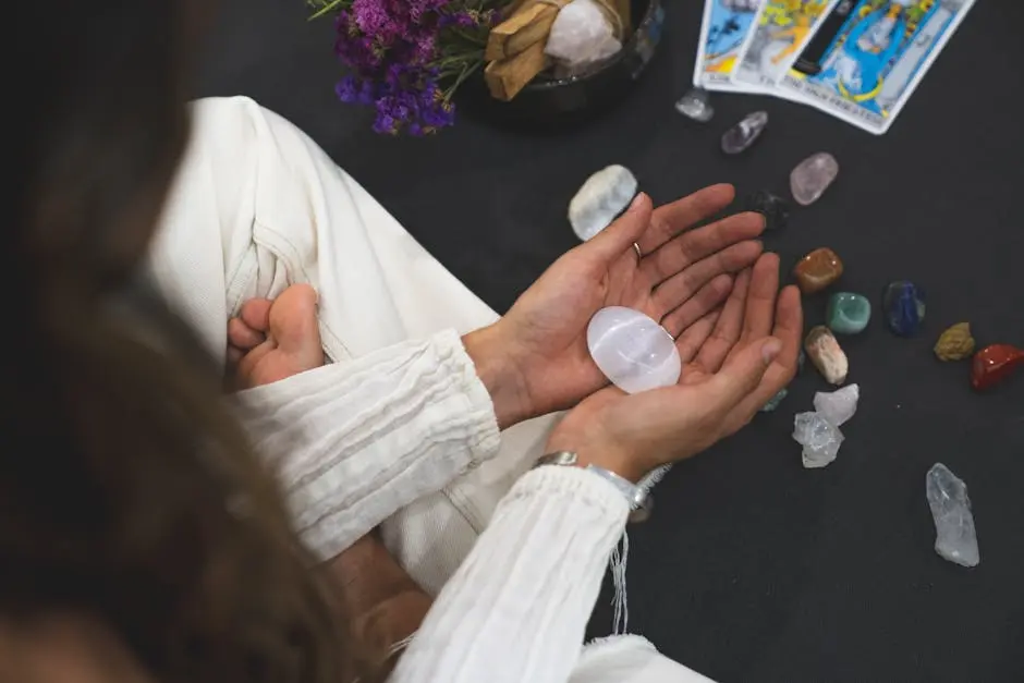 A close-up top view of hands holding a crystal, surrounded by tarot cards and gemstones, symbolizing spirituality.