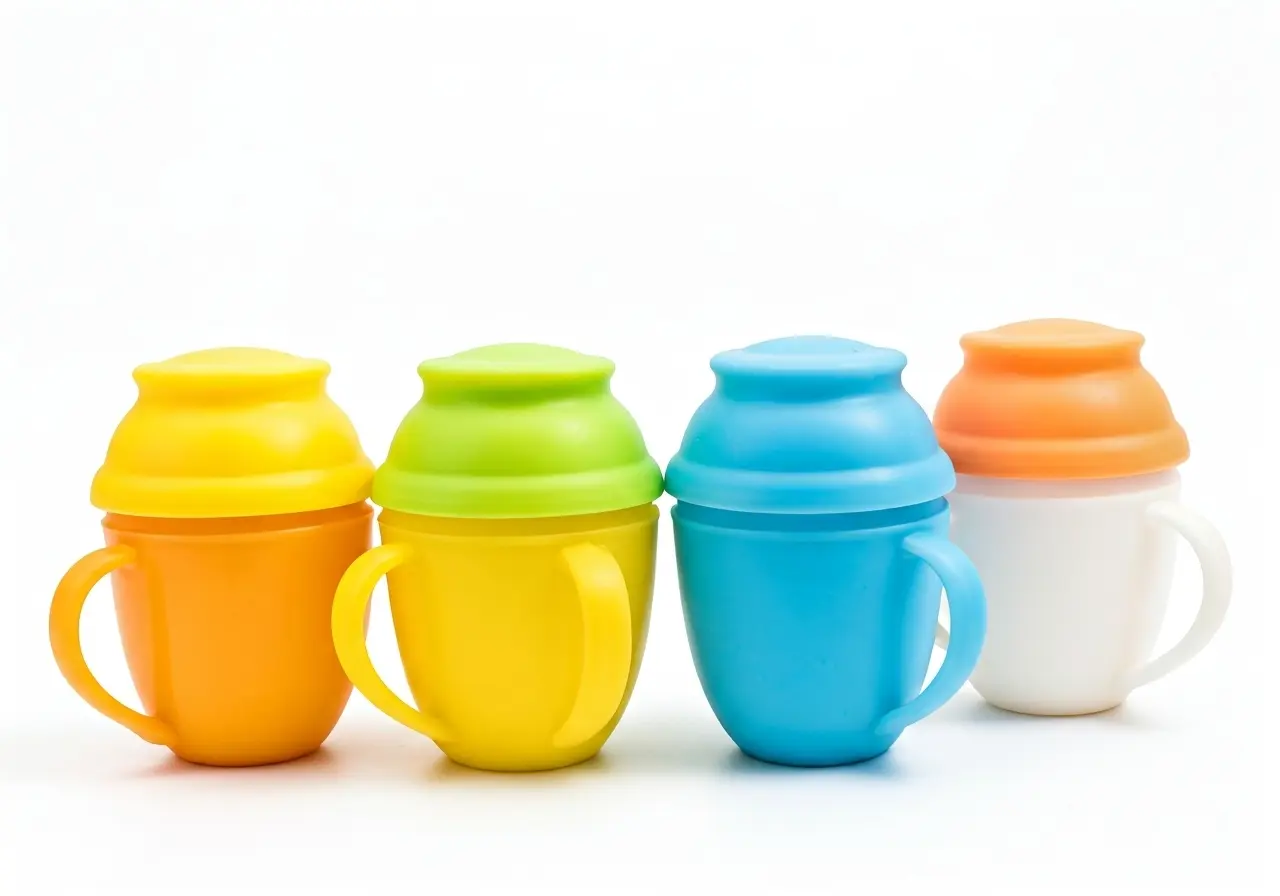 A set of colorful baby cups lined up neatly. 35mm stock photo