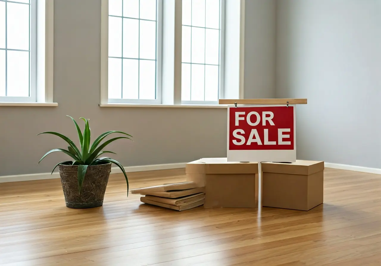 A neat, clutter-free living room with a For Sale sign. 35mm stock photo