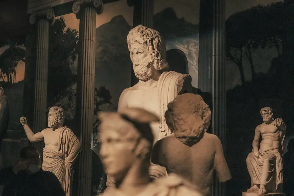 A collection of ancient sculptures displayed in a dimly lit museum setting.