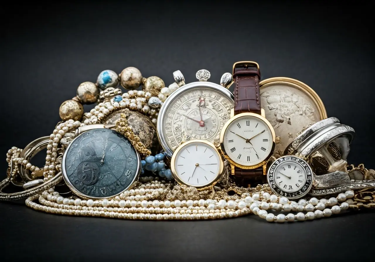 A pile of assorted luxury items including jewels and watches. 35mm stock photo
