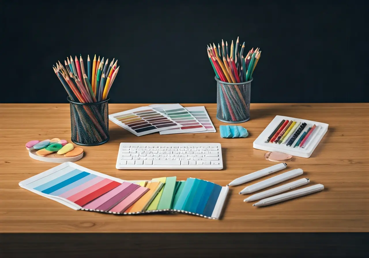 A creatively designed workspace filled with colorful design tools. 35mm stock photo